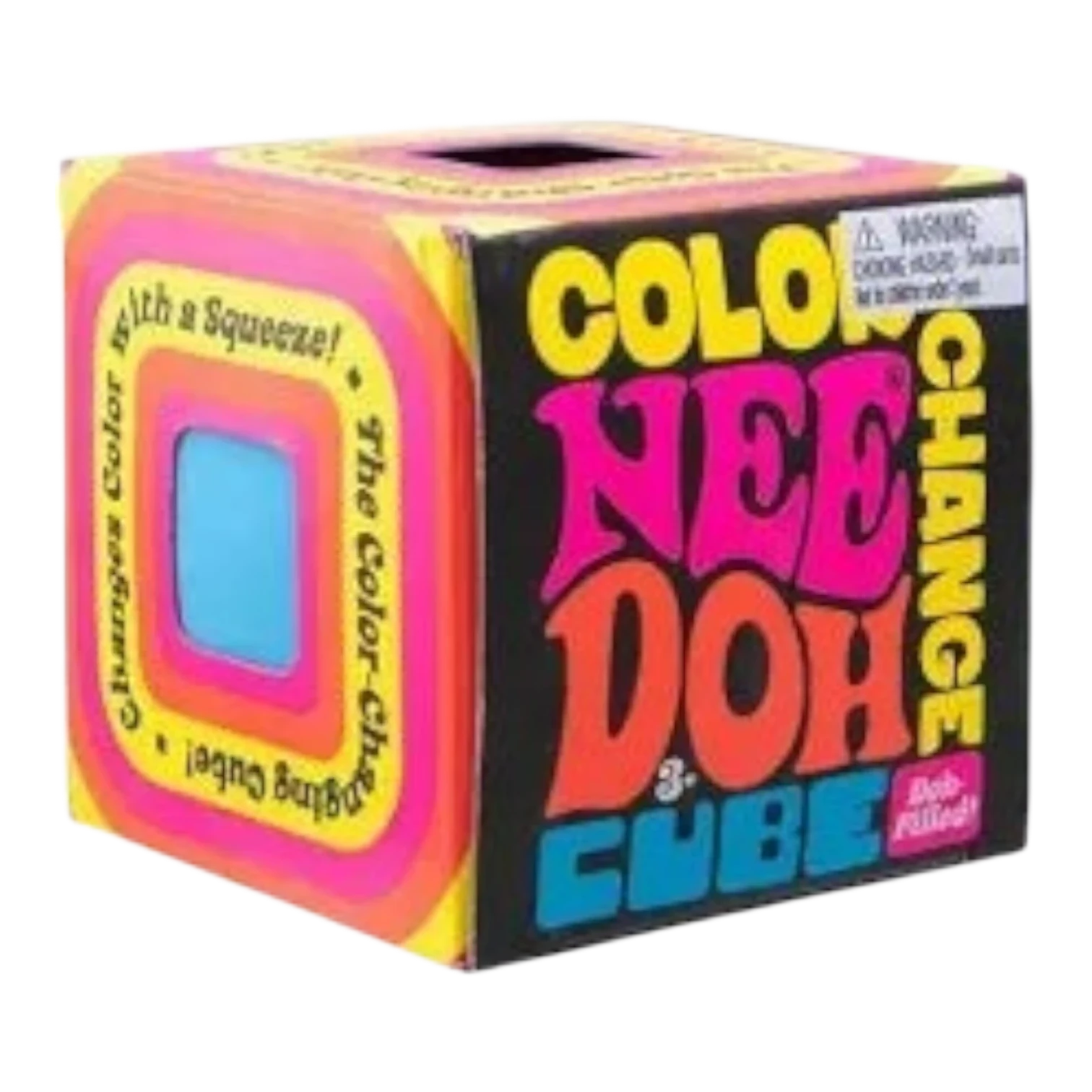 Squish Planet NeeDoh Color Changing Cube squishy fidget toy with pink, orange, and yellow concentric squares and blue center.